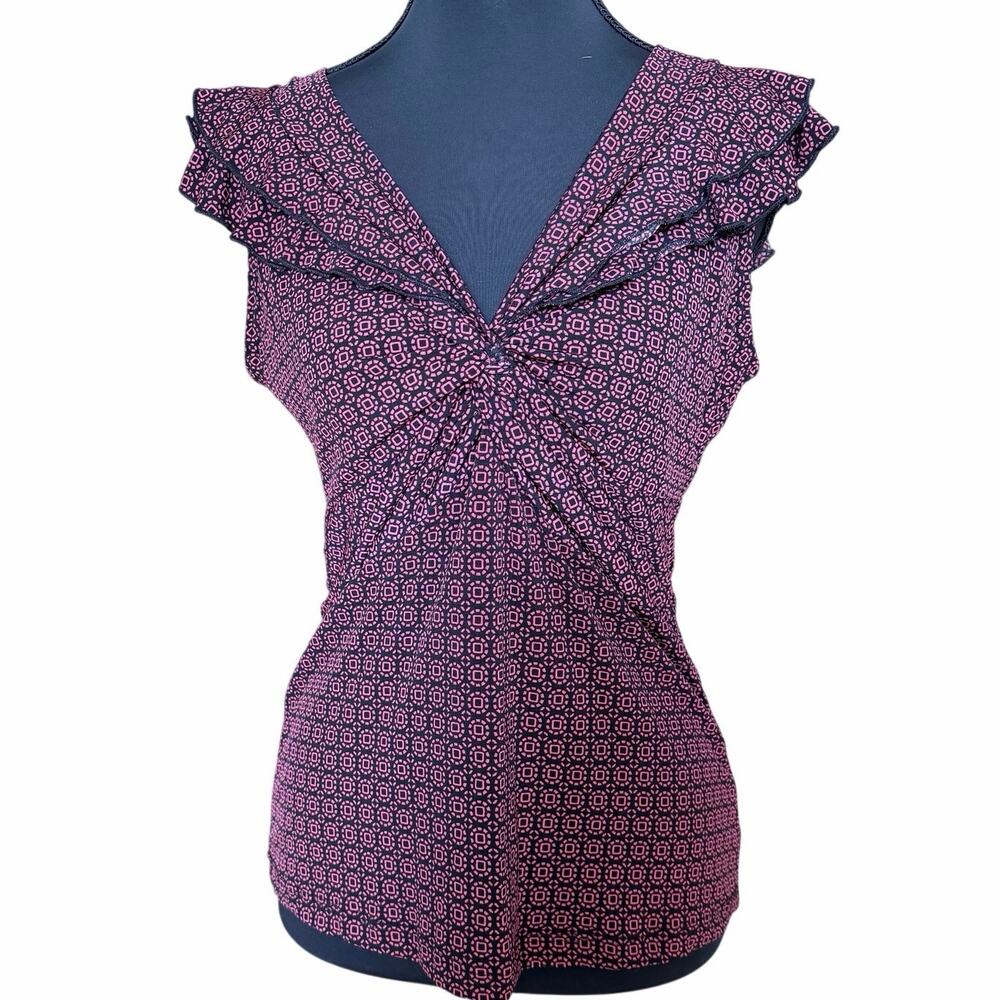 Susan Lawrence red black geometric print top ruffle collar USA made medium Y2K